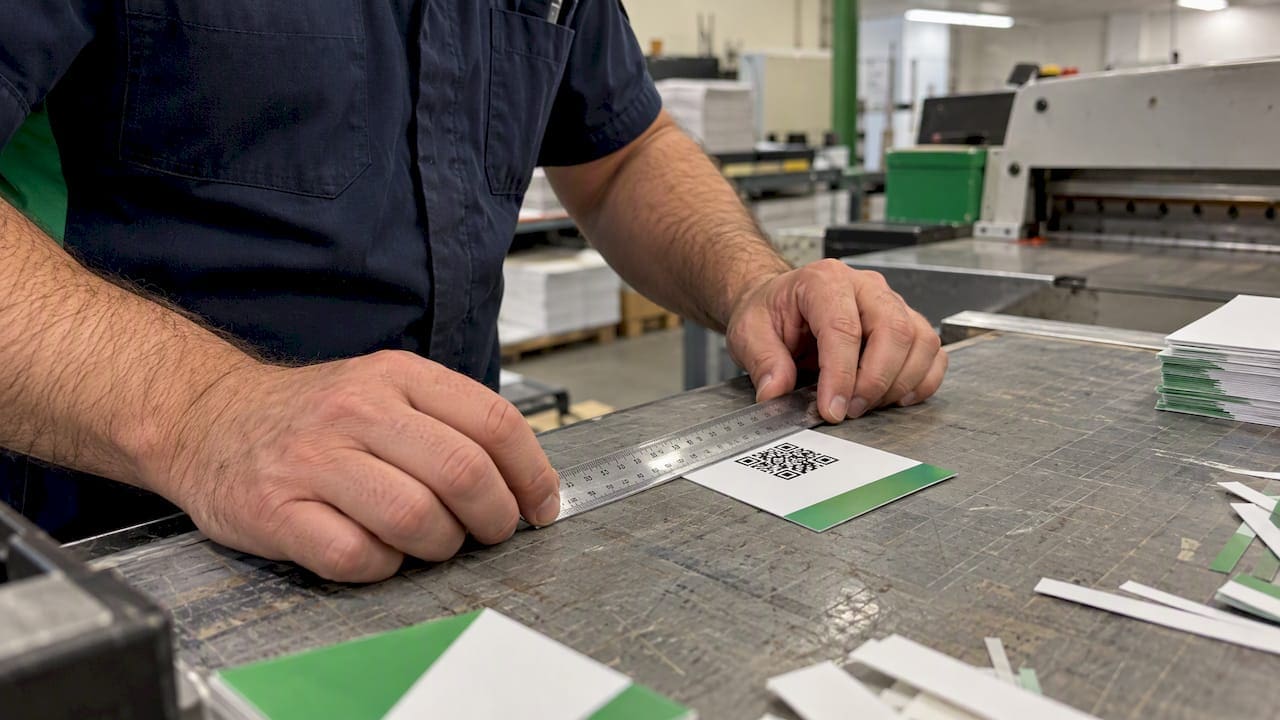 Technician measuring QR code on card